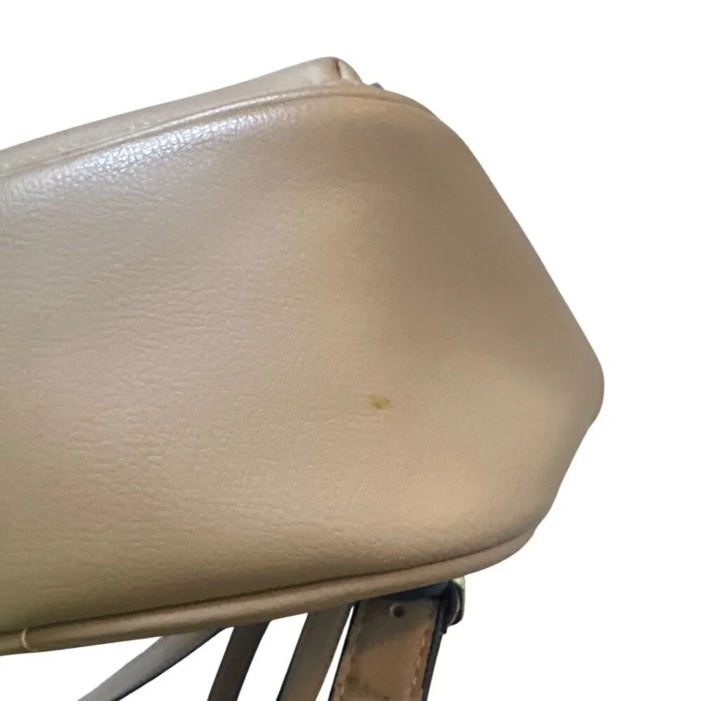 Tan Faux Leather Mini Backpack With Gold Hardware & Chain Print Lining